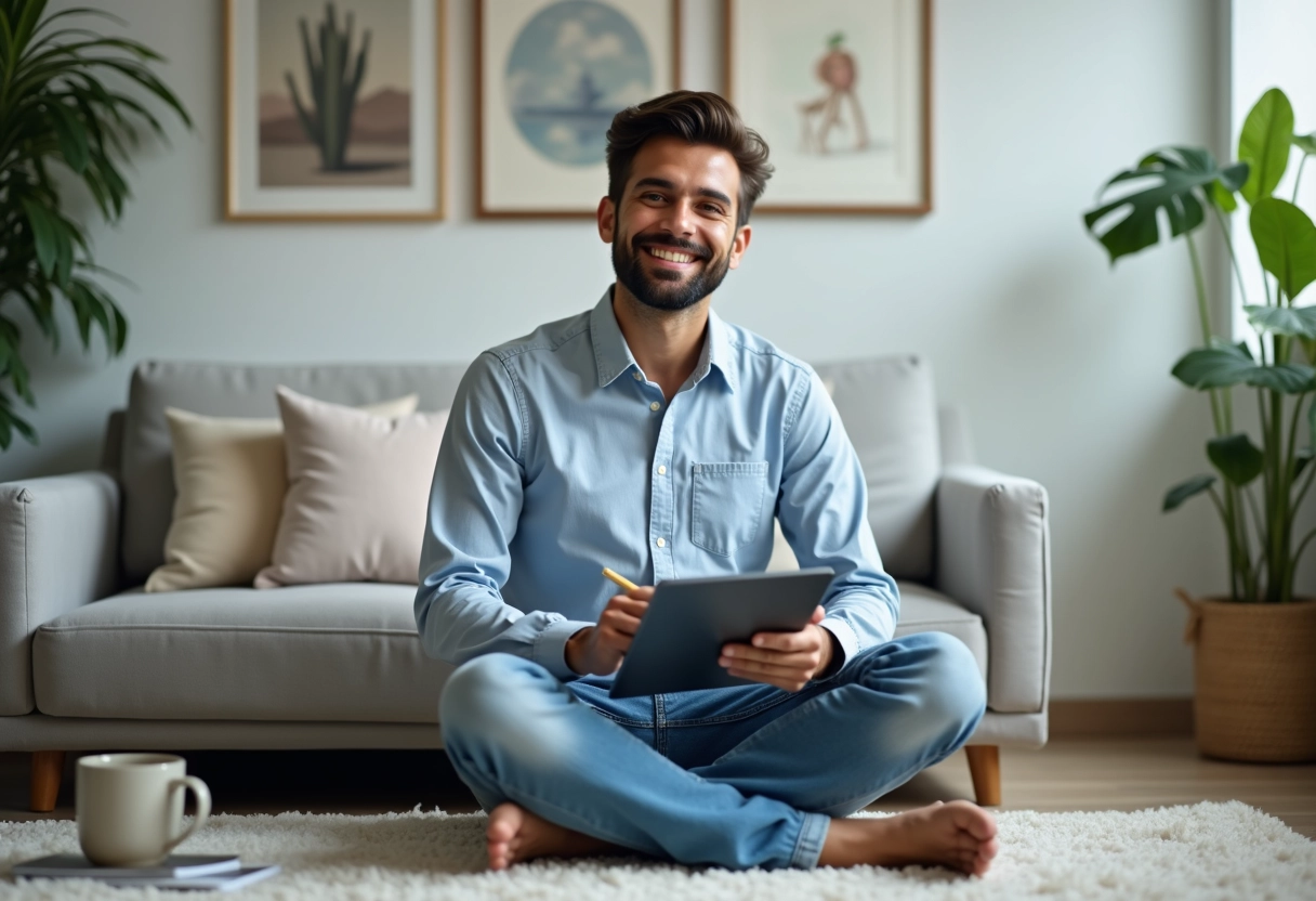 Jeune homme souriant sur un canapé avec tablette et carnet