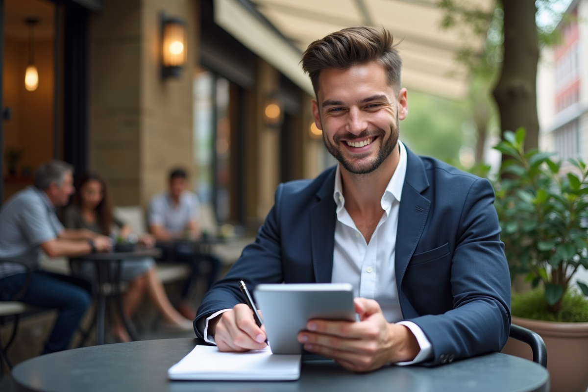 Jeune responsable marketing au café avec tablette et carnet