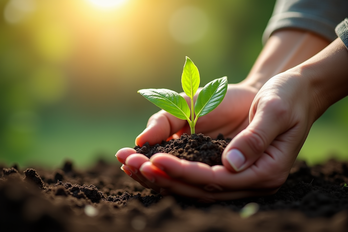 Mains cultivant une petite plante avec icônes ESG et graphiques