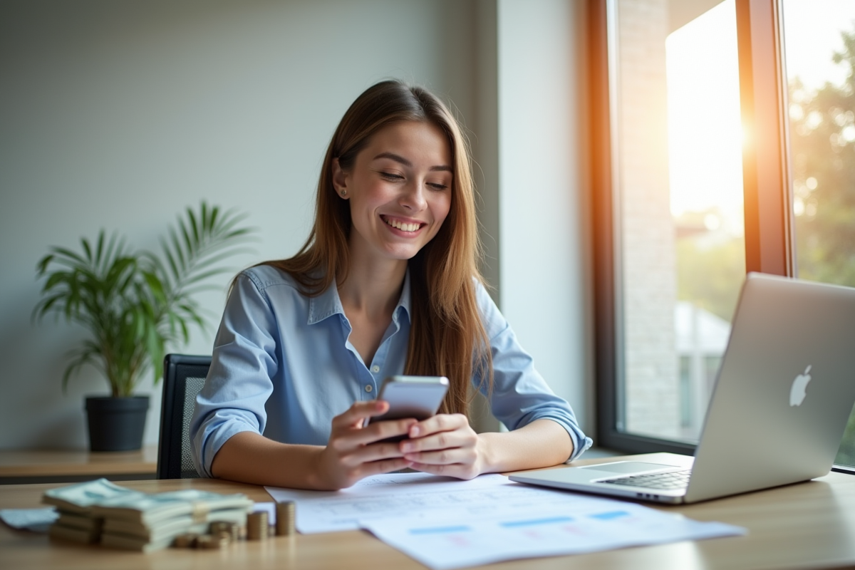 Jeune professionnel souriant avec smartphone et documents financiers