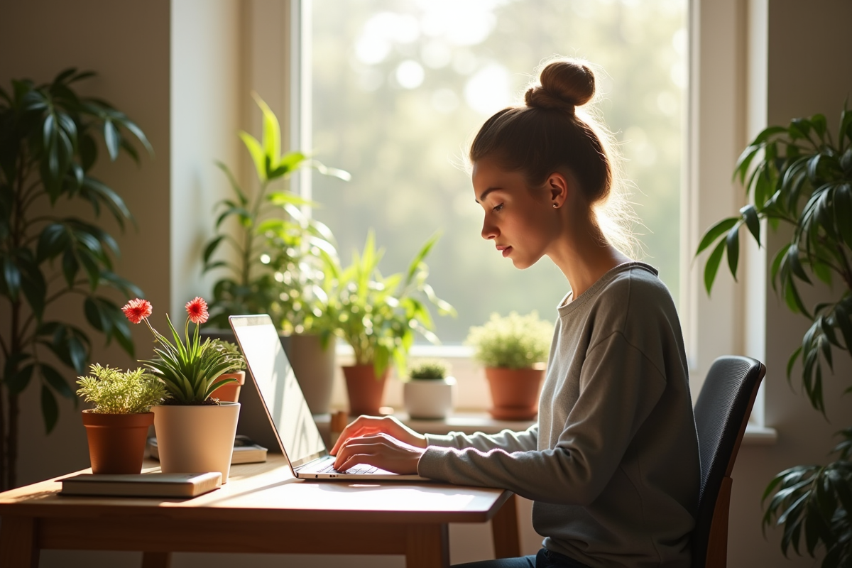 Jeune professionnel travaillant à domicile dans un bureau lumineux