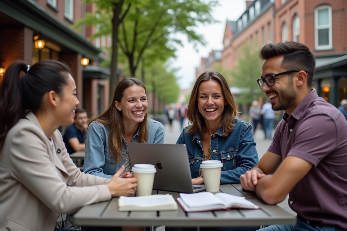 Groupe de jeunes professionnels discutant autour d