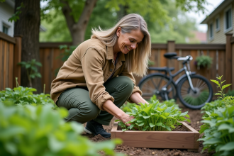 Femme d'âge moyen dans son jardin potager en extérieur