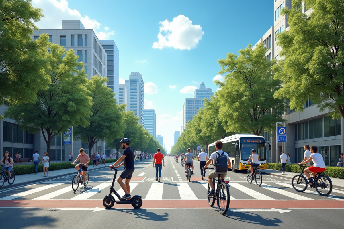 Groupe de personnes utilisant vélo et escooter dans une ville moderne
