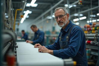 Ouvrier textile homme en usine avec machine moderne