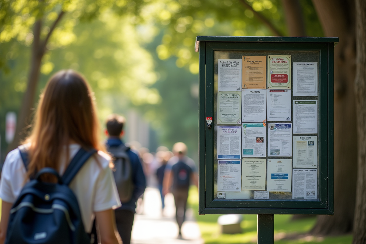 Panneau d affichage sur un campus universitaire ensoleille