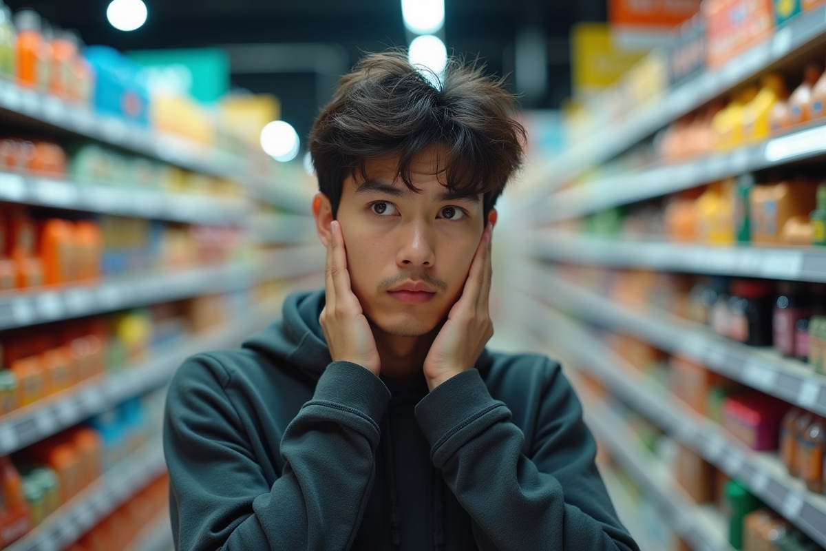 Personne dans un supermarche entourée de publicites colorées et confus