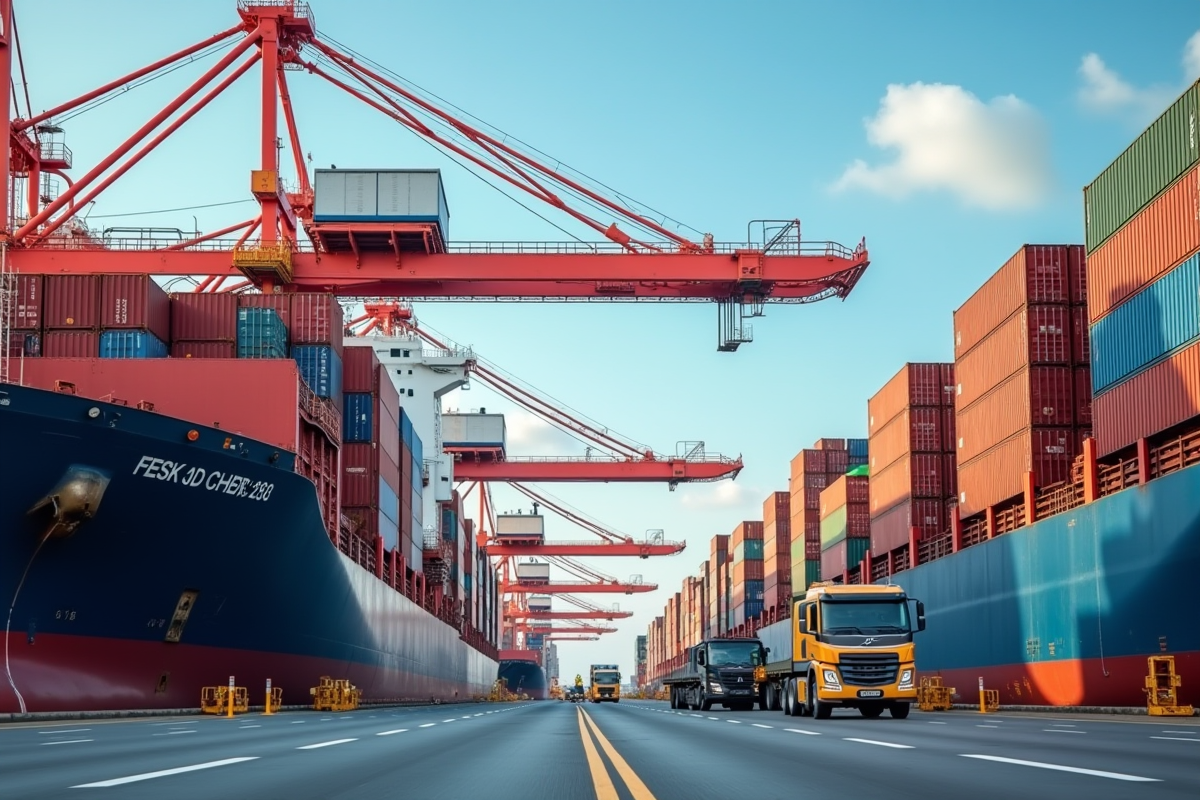 Port de commerce avec containers colorés et grues en action