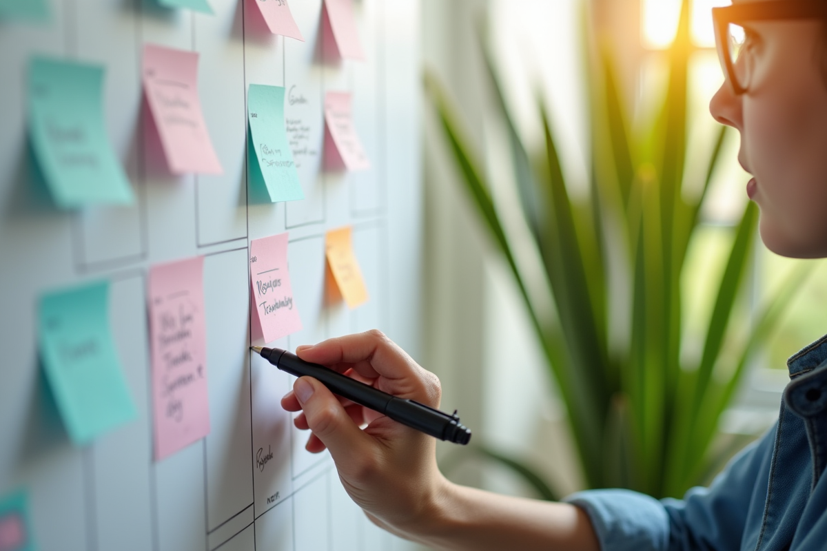 Main écrivant sur un calendrier mural lumineux et motivant