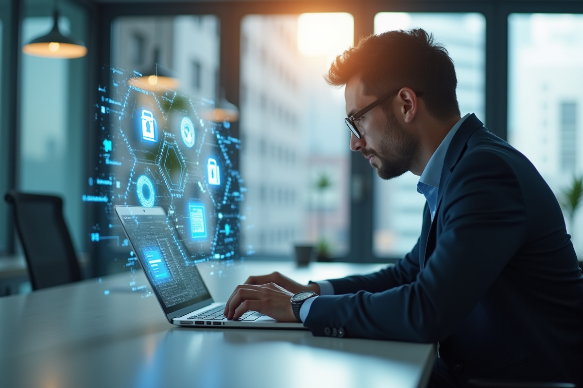 Professionnel en bureau moderne avec icones de securite numerique