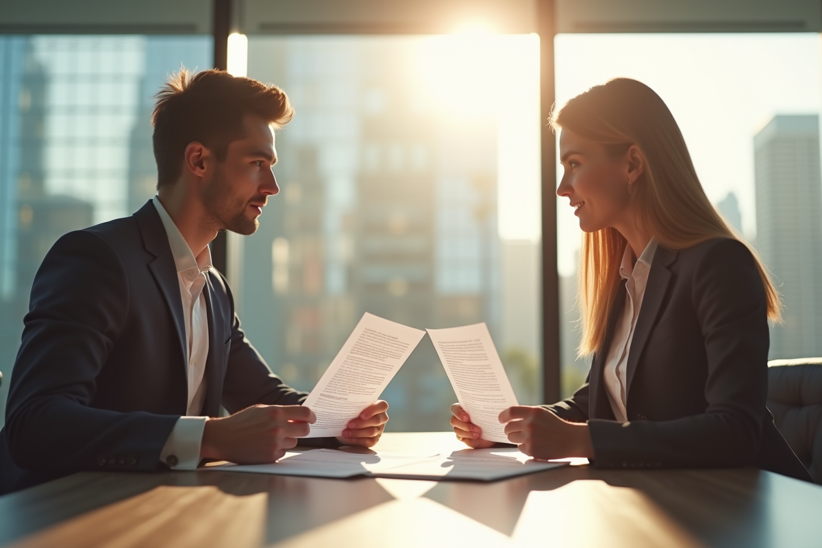Deux professionnels discutent contrats dans un bureau lumineux