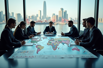 Groupe de professionnels autour d'une carte du monde en réunion