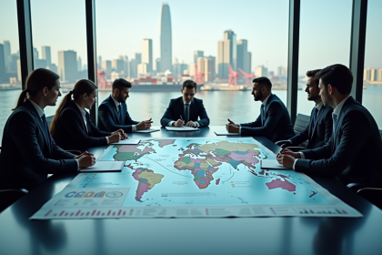 Groupe de professionnels autour d'une carte du monde en r&eacute;union