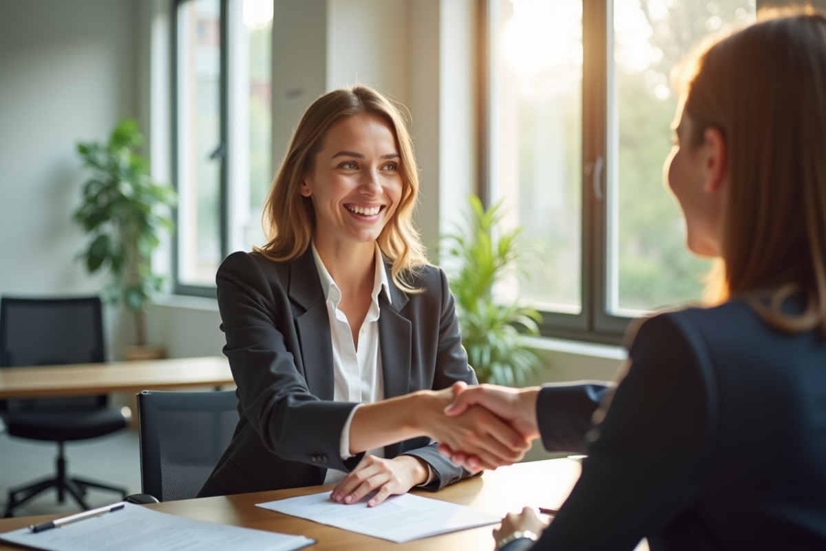 Jeune femme confiante serrant la main d'un recruteur dans un bureau lumineux