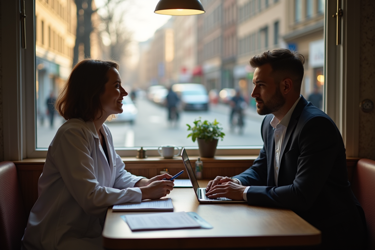 Praticien de santé discutant avec un client dans un café cosy