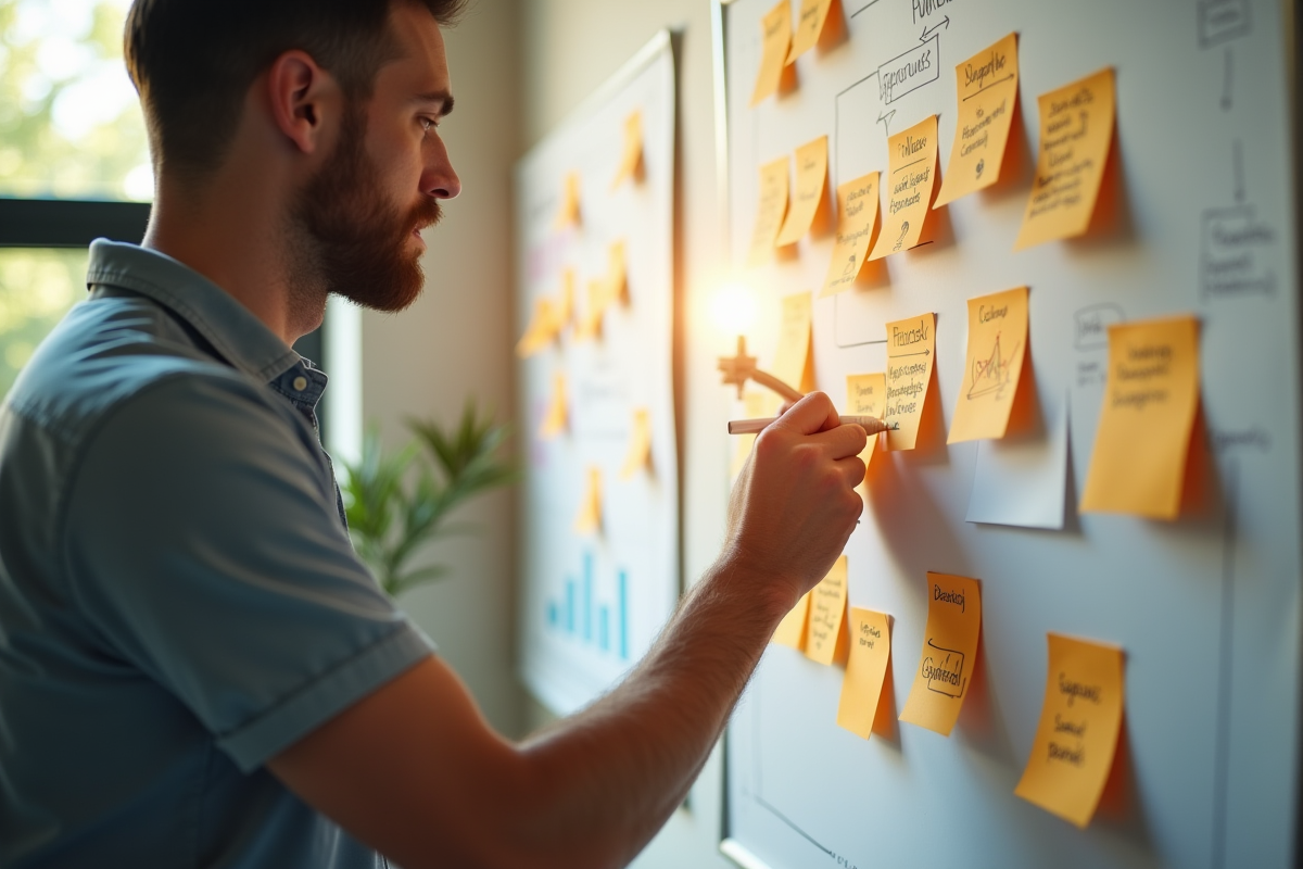 Responsable marketing écrivant des idées sur des notes adhésives sur un mur lumineux