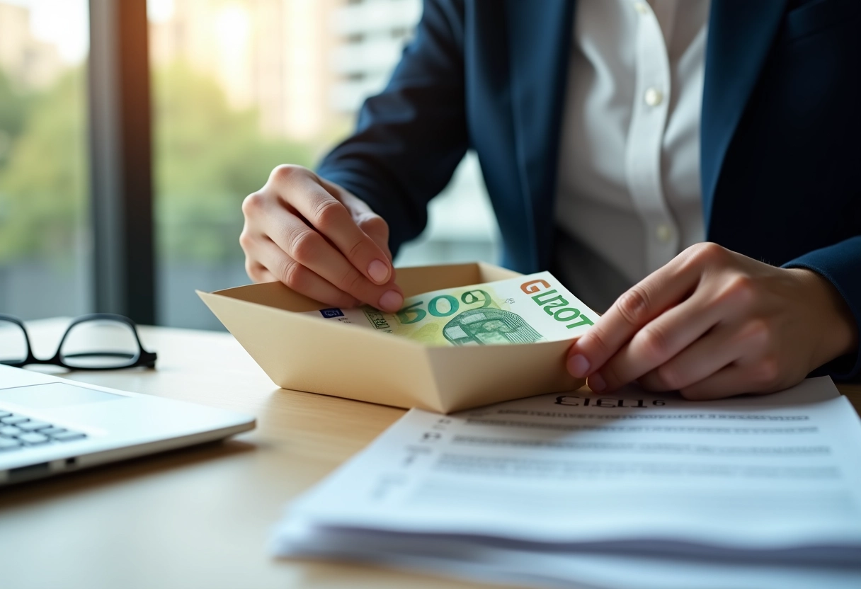 Main recevant des billets d euros dans une enveloppe sur un bureau moderne