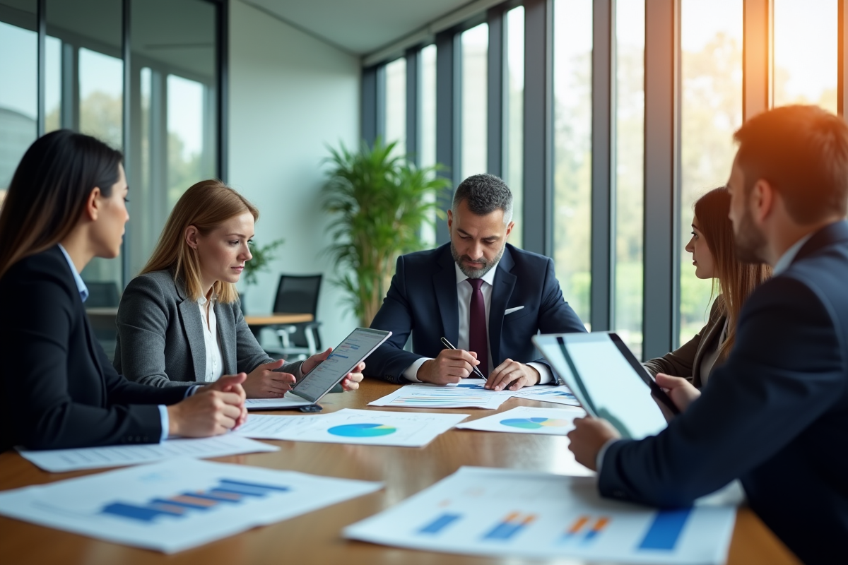 Réunion d'affaires avec dirigeants analysant des graphiques ESG