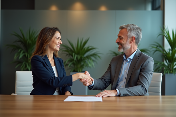 Deux professionnels d'affaires se serrent la main dans un bureau moderne