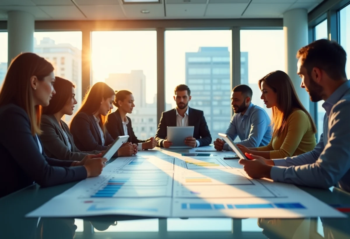 Groupe de professionnels autour d'une table moderne planifiant un projet