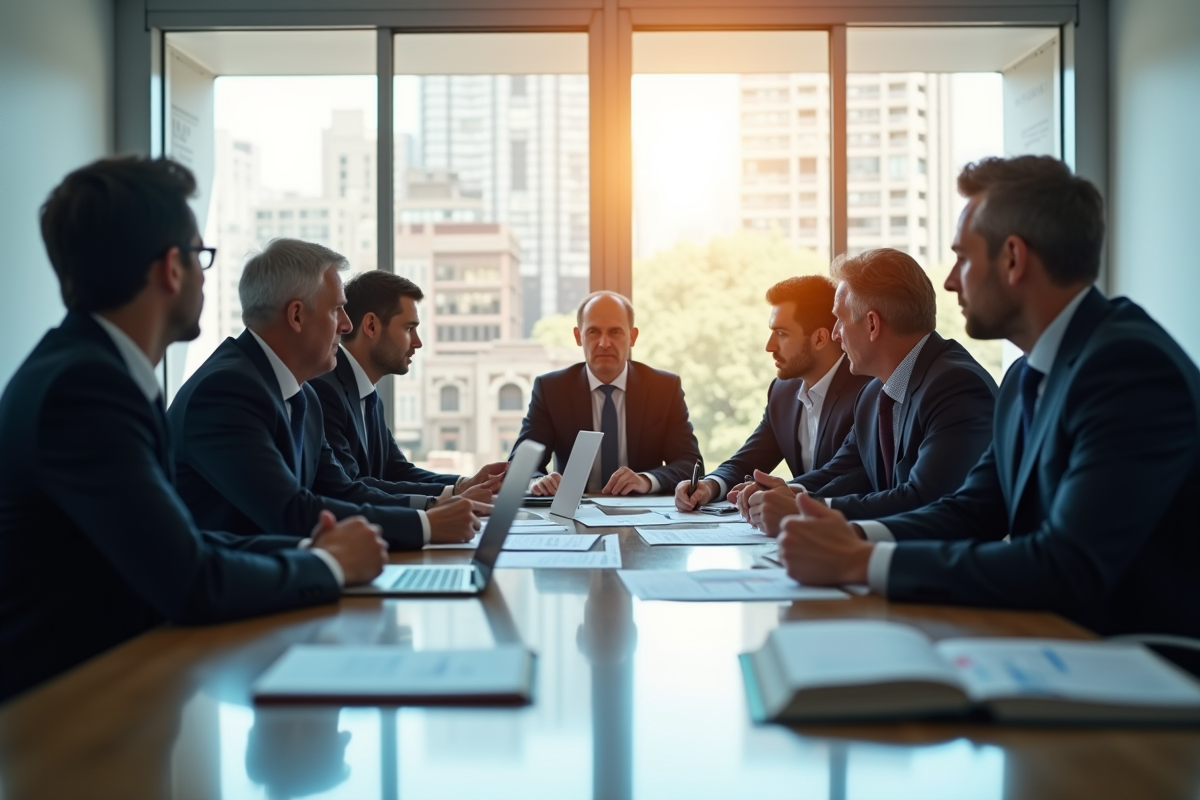 Réunion sérieuse entre responsables gouvernementaux dans un bureau moderne