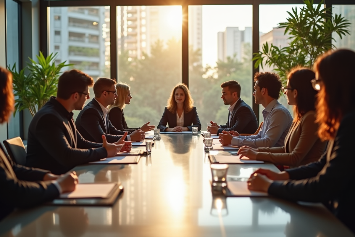 Groupe de professionnels en réunion dans une salle moderne
