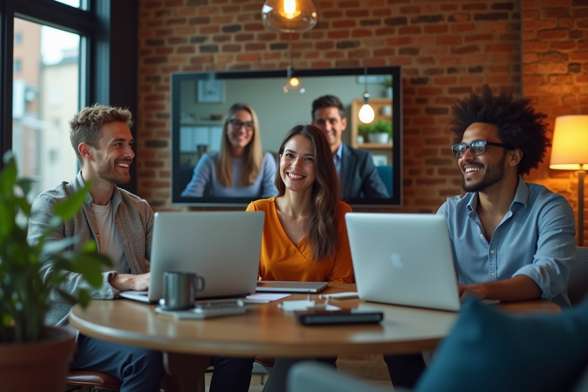 Trois professionnels en visioconference dans différents espaces
