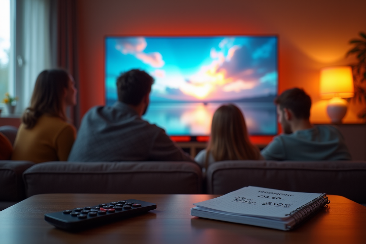 Salon familial moderne regardant une grande télévision avec un budget
