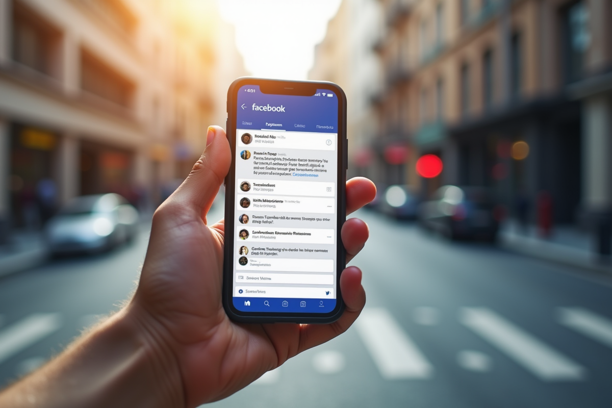 Smartphone affichant notifications Facebook avec ville en arrière-plan