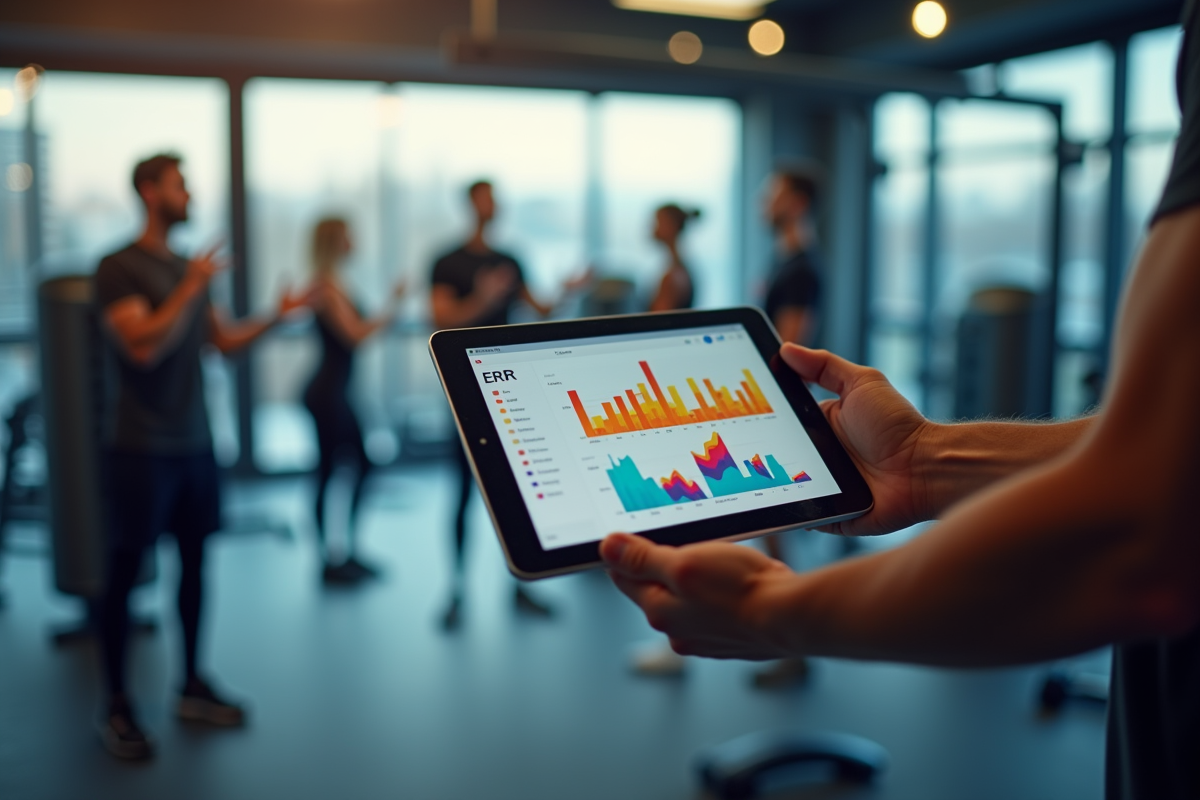 Main tenant une tablette avec analytics dans une salle de sport