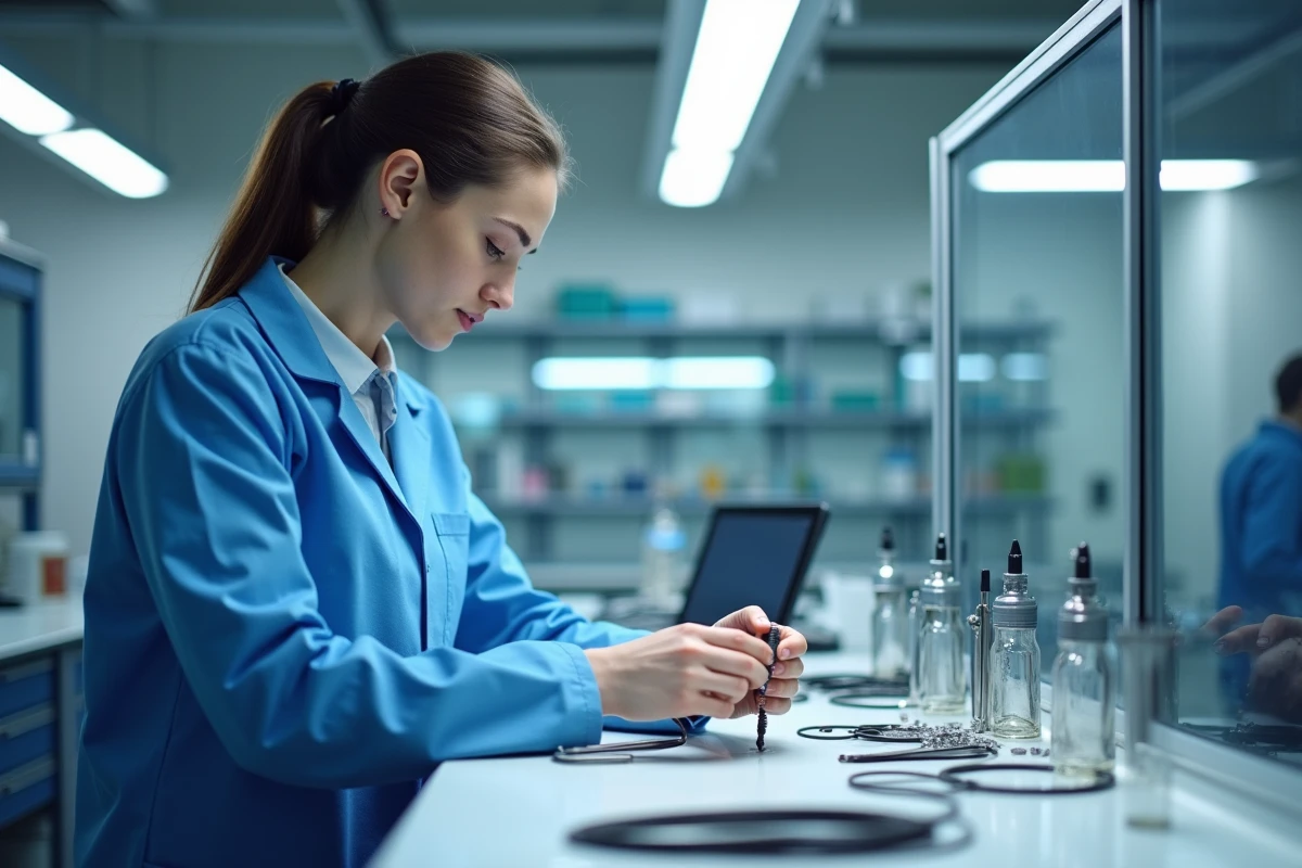 Jeune technicienne assemblant des joints elastomere dans un laboratoire