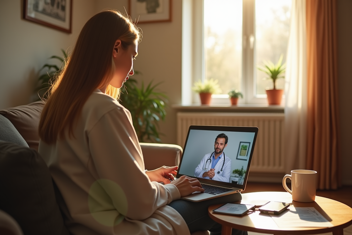 Personne en téléconsultation médicale à domicile sur un ordinateur portable