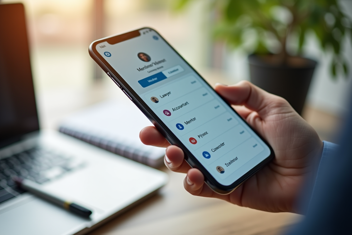 Main tenant un smartphone avec contacts professionnels et espace de travail