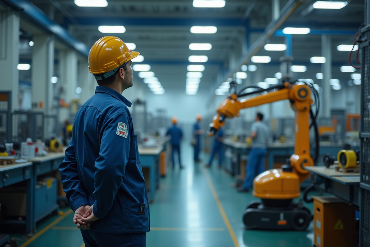 Ouvrier observant machines automatisées en usine